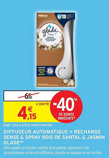DIFFUSEUR AUTOMATIQUE + RECHARGE SENSE & SPRAY BOIS DE SANTAL & JASMIN GLADE