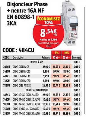 Disjoncteur Phase + neutre 16A NF EN 60898-1 3KA