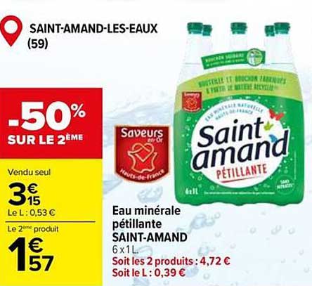 Eau minérale pétillante SAINT-AMAND 6 x 1 L