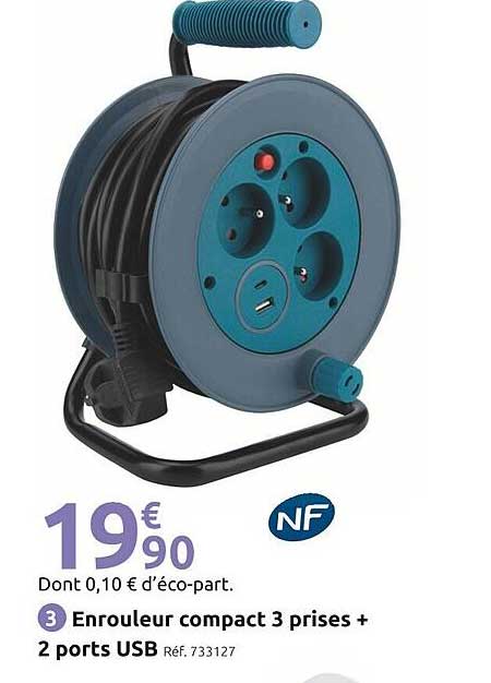 Enrouleur compact 3 prises + 2 ports USB