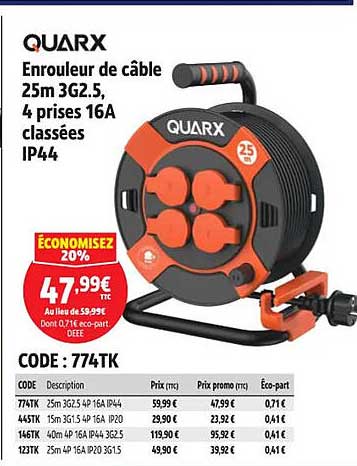 Enrouleur de câble 25m 3G2.5, 4 prises 16A classées IP44