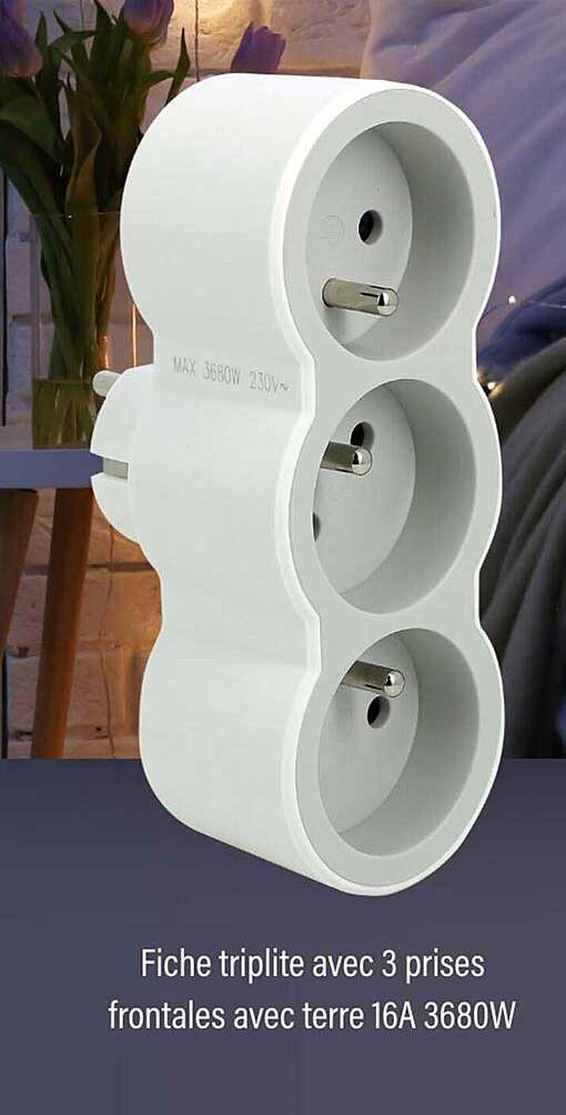 Fiche tripilite avec 3 prises frontales avec terre 16A 3680W