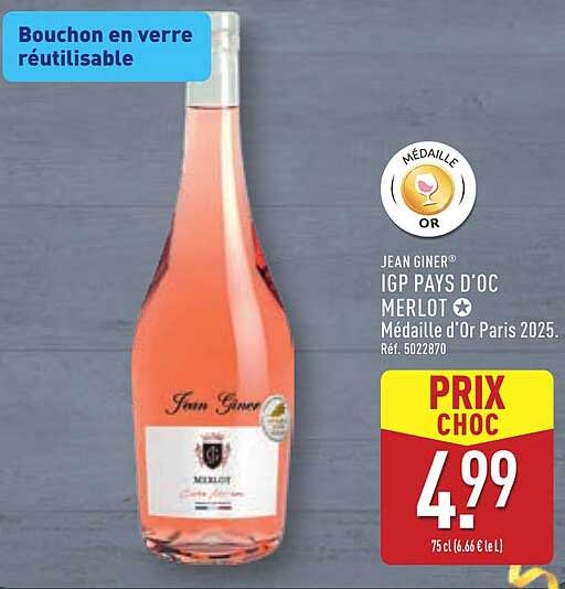 JEAN GINER® IGP PAYS D'OC MERLOT ★ Médaille d'or Paris 2025.