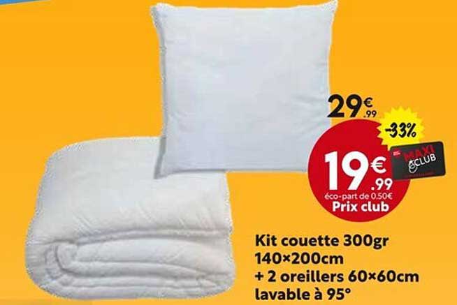 Kit couette 300gr 140×200cm + 2 oreillers 60×60cm lavable à 95°