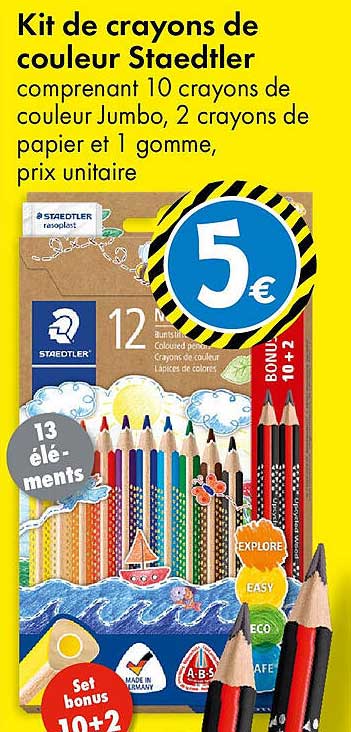 Kit de crayons de couleur Staedtler comprenant 10 crayons de couleur Jumbo, 2 crayons de papier et 1 gomme, prix unitaire