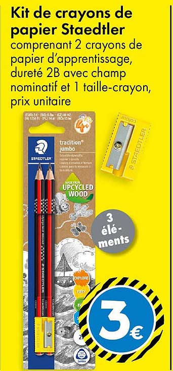 Kit de crayons de papier Staedtler comprenant 2 crayons de papier d'apprentissage, dureté 2B avec champ nominatif et 1 taille-crayon, prix unitaire