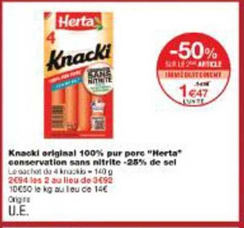 Knacki original 100% pur porc "Herta" conservation sans nitrite -25% de sel