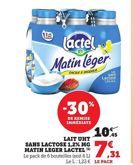 LAIT UHT SANS LACTOSE 1,2% MG MATIN LEGER LACTEL