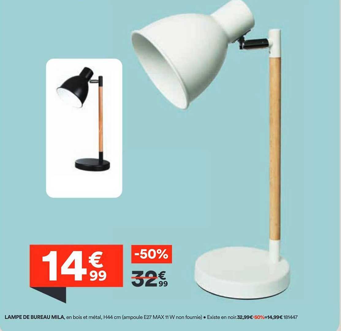 LAMPE DE BUREAU MILA, en bois et métal, H44 cm