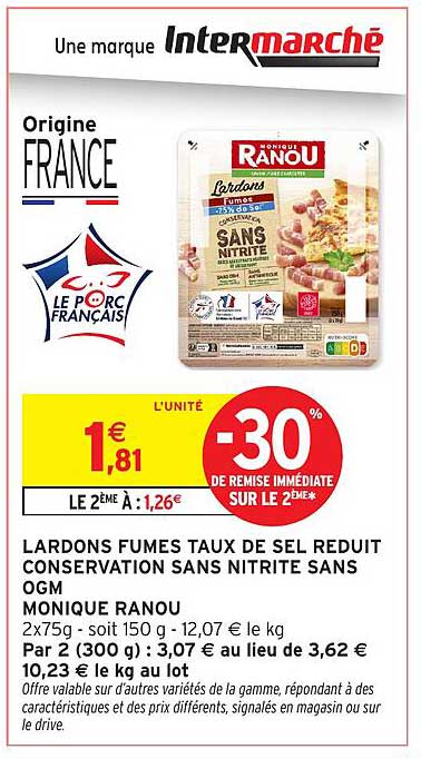 Lardons fumés taux de sel réduit conservation sans nitrite sans OGM