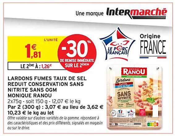 LARDONS FUMÉS TAUX DE SEL RÉDUIT CONSERVATION SANS NITRITE SANS OGM MONIQUE RANOU
