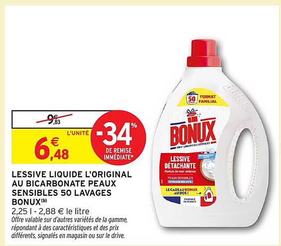 LESSIVE LIQUIDE L'ORIGINAL AU BICARBONATE PEAUX SENSIBLES 50 LAVAGES BONUX