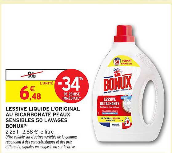 LESSIVE LIQUIDE L'ORIGINAL AU BICARBONATE PEAUX SENSIBLES 50 LAVAGES BONUX