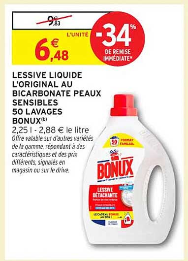 LESSIVE LIQUIDE L'ORIGINAL AU BICARBONATE PEAUX SENSIBLES 50 LAVAGES BONUX