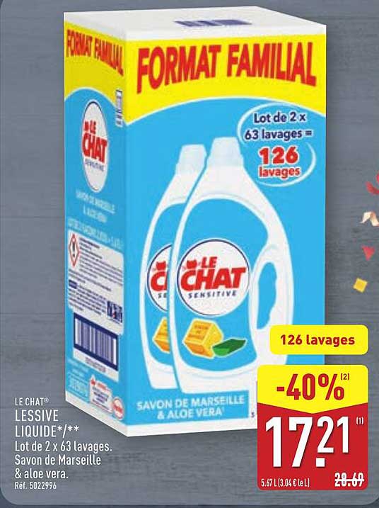 LESSIVE LIQUIDE - Lot de 2 x 63 lavages - Savon de Marseille & aloe vera.