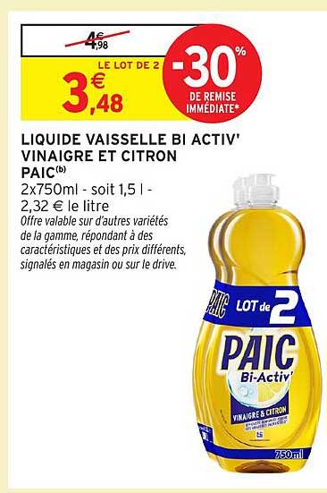 LIQUIDE VAISSELLE BI ACTIV' VINAIGRE ET CITRON PAIC