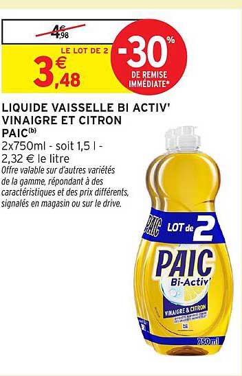 LIQUIDE VAISSELLE BI ACTIV' VINAIGRE ET CITRON PAIC