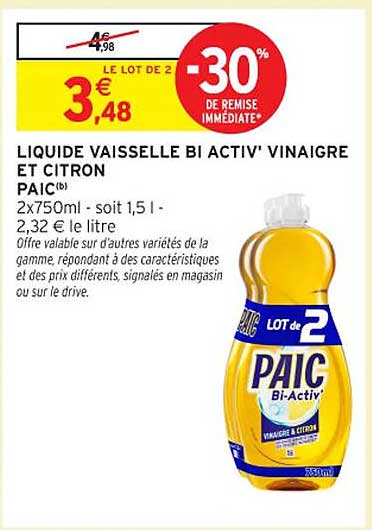 LIQUIDE VAISSELLE BI ACTIV' VINAIGRE ET CITRON PAIC