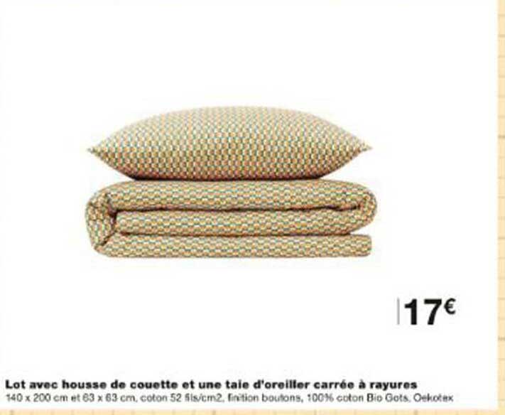Lot avec housse de couette et une taie d'oreiller carrée à rayures