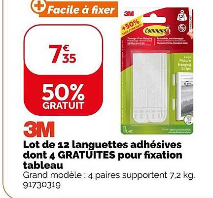 Lot de 12 languettes adhésives dont 4 GRATUITES pour fixation tableau