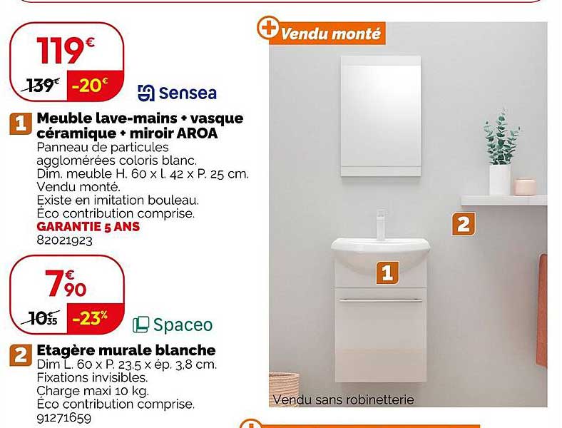 Meuble lave-mains + vasque céramique + miroir AROA