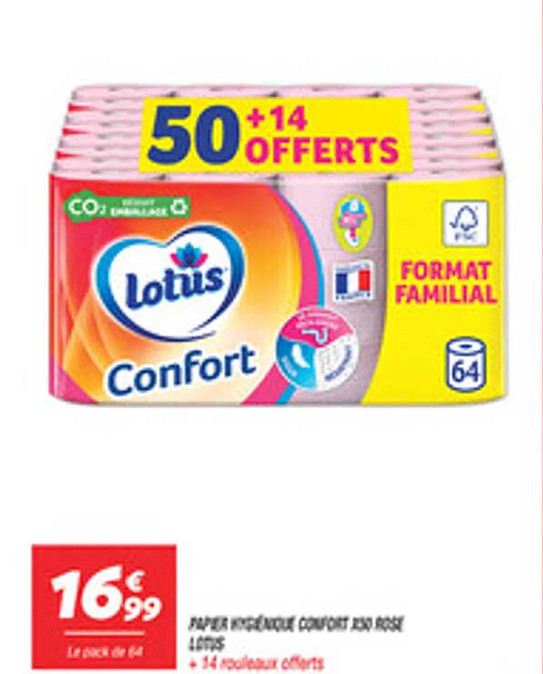 PAPIER HYGIÉNIQUE CONFORT 230 ROSE LOTUS + 14 ROULEAUX OFFERTS