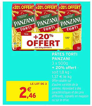 PÂTES TORTI PANZANI 3 x 500g + 20% OFFERT