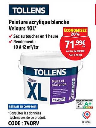 Peinture acrylique blanche Velours 10L*