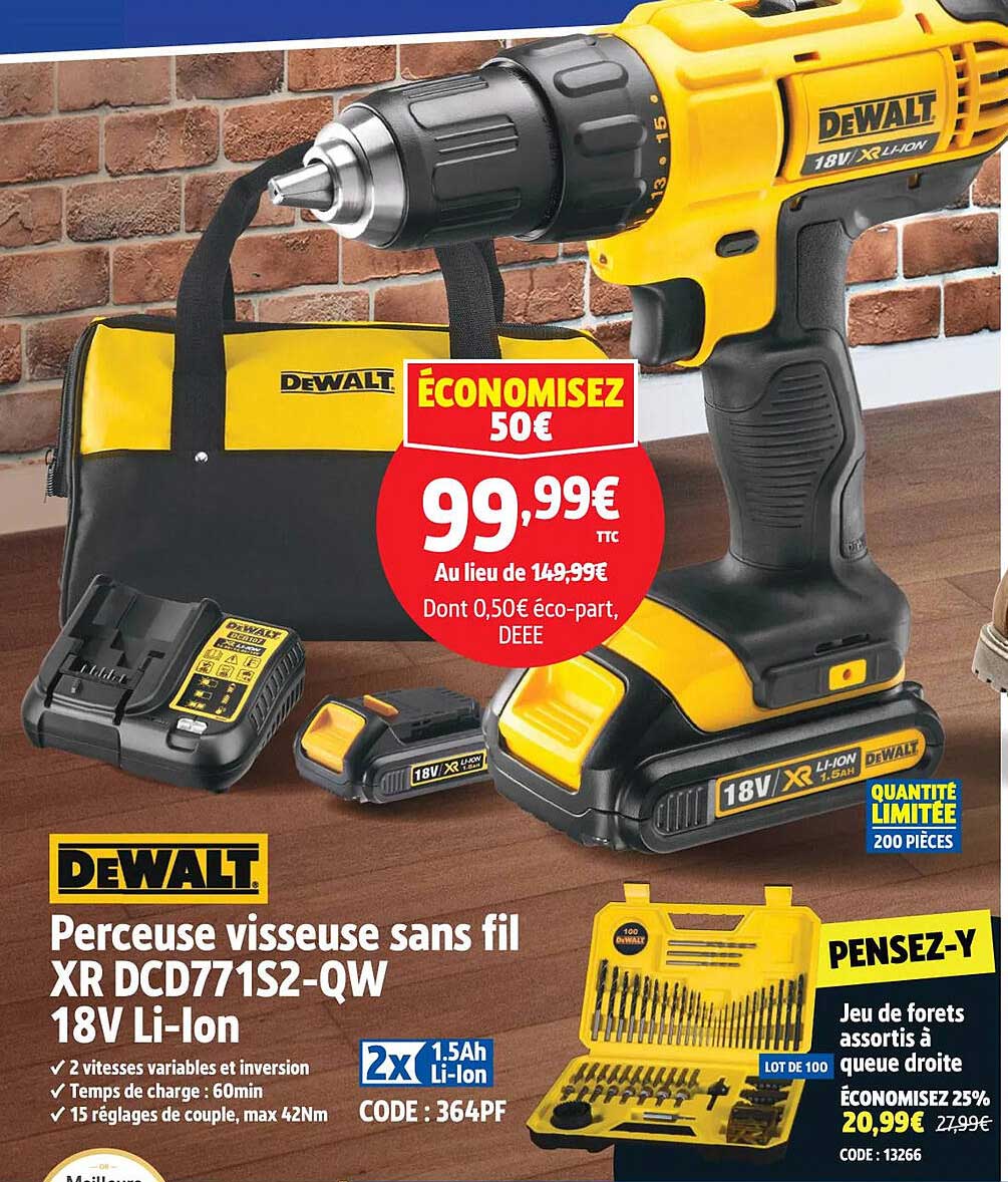 Perceuse visseuse sans fil XR DCD771S2-QW 18V Li-lon