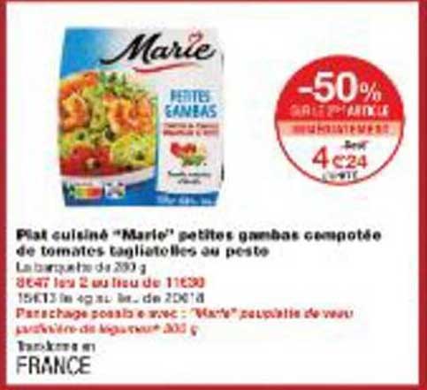 Plat cuisiné "Marie" petites gambas compotée de tomates tagliatelles au pesto