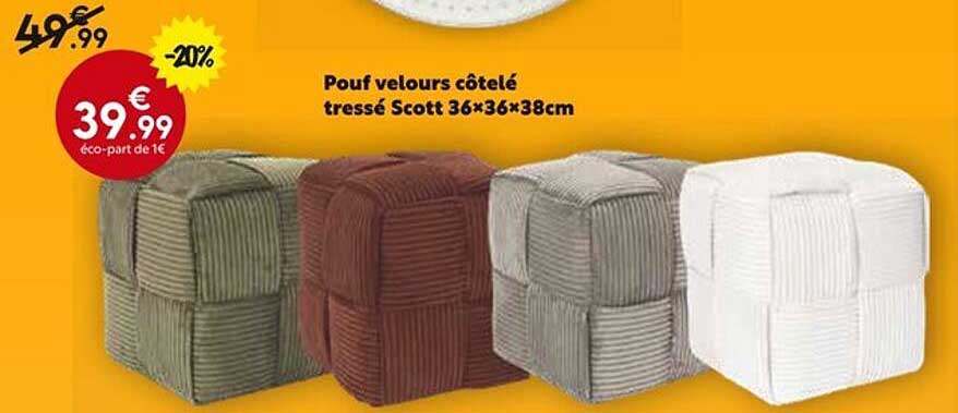 Pouf velours côtelé tressé Scott 36x36x38cm