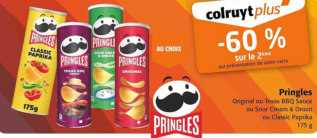 Pringles Original ou Texas BBQ Sauce ou Sour Cream & Onion ou Classic Paprika 175 g -60 % sur le 2ème sur présentation de votre carte