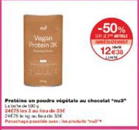 Protéine en poudre végétale au chocolat “nu3”