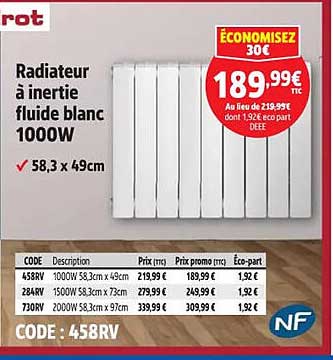 Radiateur à inertie fluide blanc 1000W