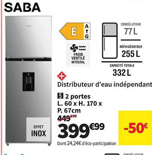 Réfrigérateur SABA 2 portes avec distributeur d'eau