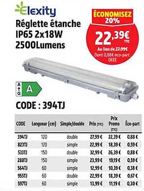 Réglette étanche IP65 2x18W 2500 Lumens