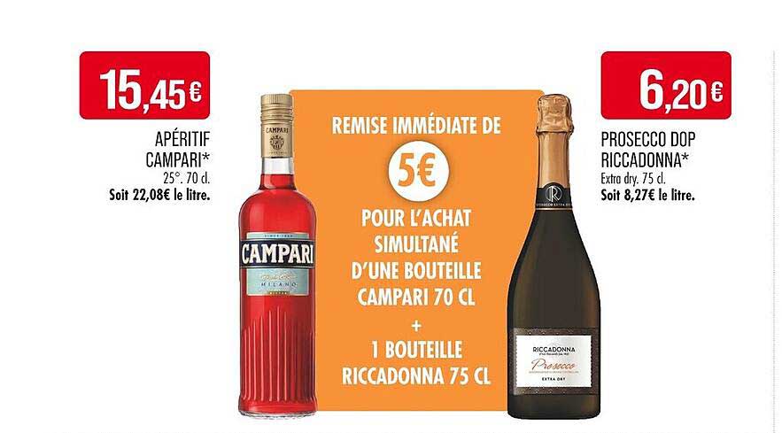 Remise immédiate de 5€ pour l’achat simultané d’une bouteille Campari 70 cl + 1 bouteille Riccadonna 75 cl
