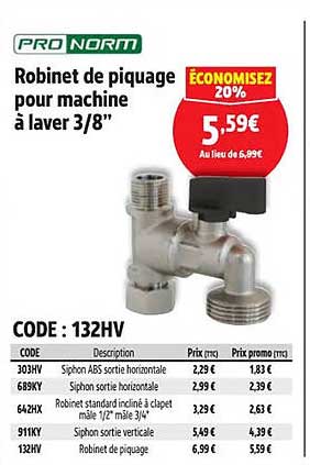 Robinet de piquage pour machine à laver 3/8''