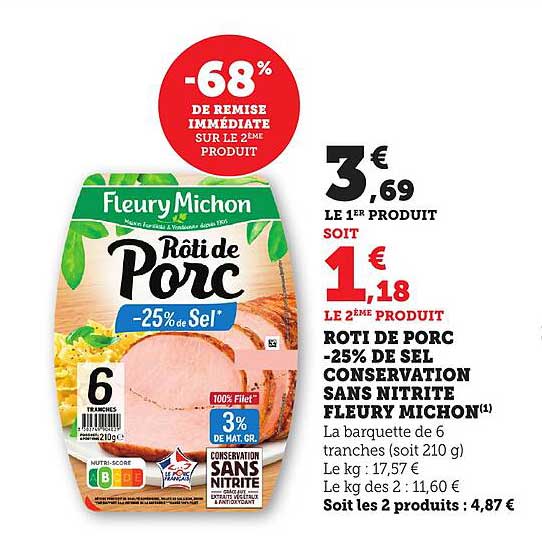 Rôti de Porc -25% de Sel Conservation sans Nitrite Fleury Michon