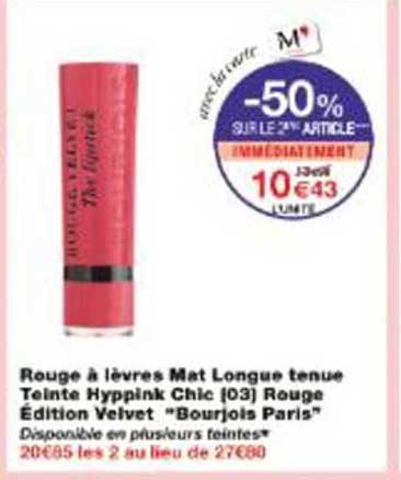 Rouge à lèvres Mat Longue tenue Teinte Hyppink Chic (03) Rouge Édition Velvet "Bourjois Paris"