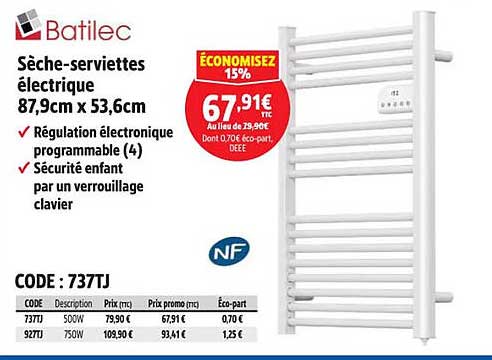 Sèche-serviettes électrique 87,9cm x 53,6cm