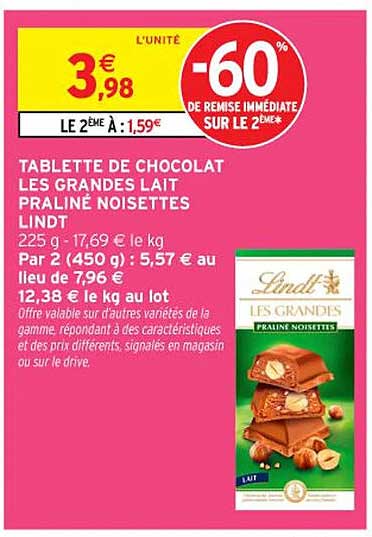 TABLETTE DE CHOCOLAT LES GRANDES LAIT PRALINÉ NOISETTES LINDT