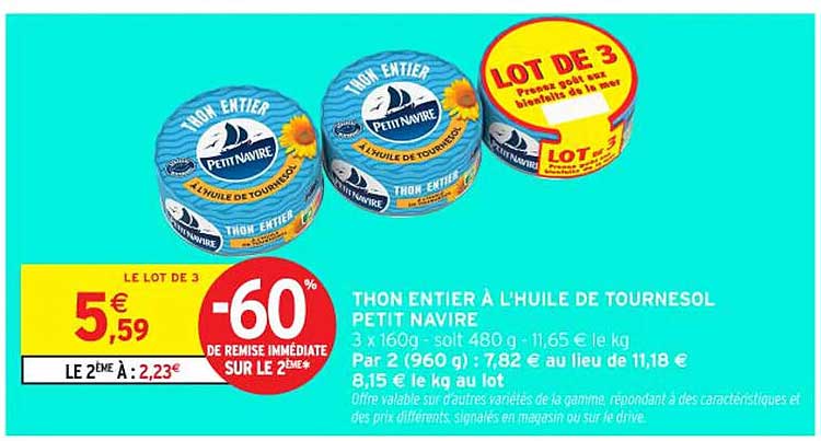 THON ENTIER À L'HUILE DE TOURNESOL PETIT NAVIRE