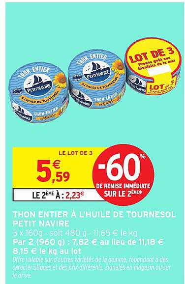 THON ENTIER À L'HUILE DE TOURNESOL PETIT NAVIRE