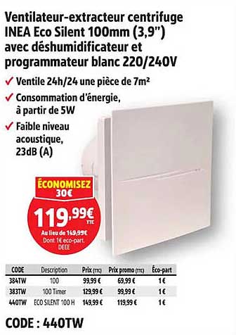 Ventilateur-extracteur centrifuge INEA Eco Silent 100mm (3,9") avec déshumidificateur et programmateur blanc 220/240V
