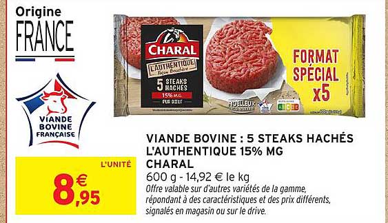 VIANDE BOVINE : 5 STEAKS HACHÉS L'AUTHENTIQUE 15% MG CHARAL