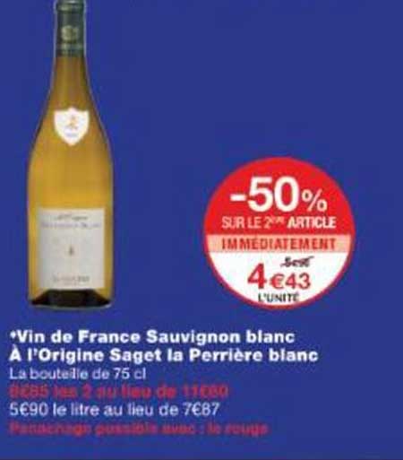 Vin de France Sauvignon blanc À l'Origine Saget la Perrière blanc