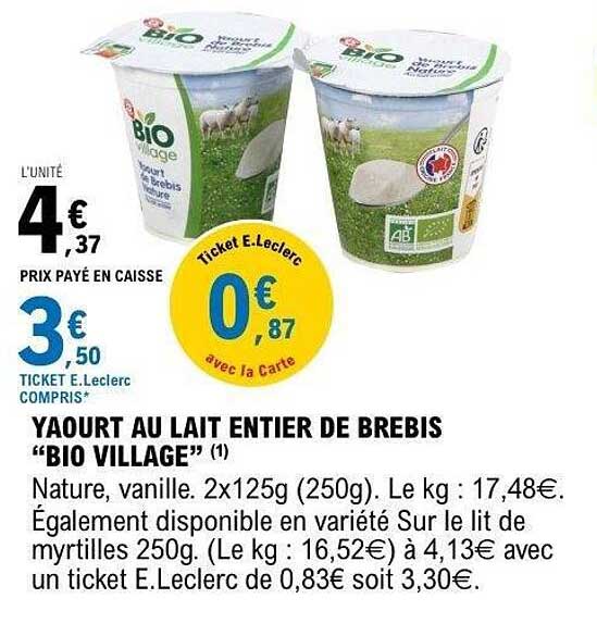 YAOURT AU LAIT ENTIER DE BREBIS “BIO VILLAGE”