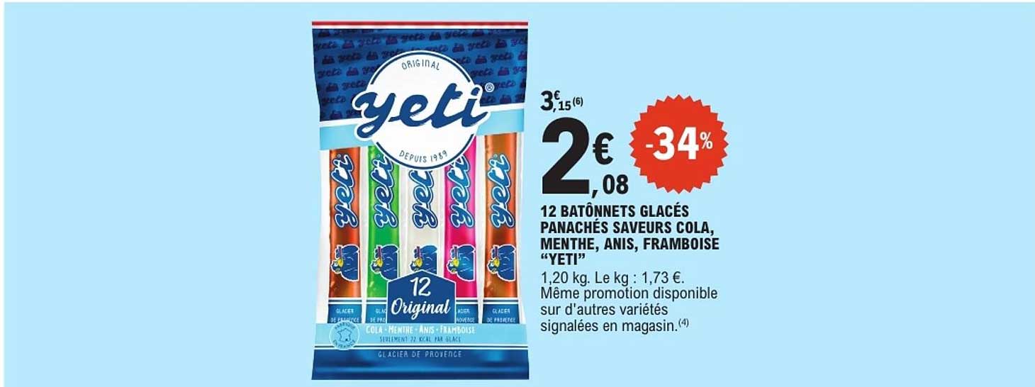 12 bâtonnets glacés panachés saveurs cola, menthe, anis, framboise “Yeti”