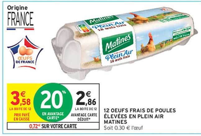 12 OEUFS FRAIS DE POULES ÉLEVÉES EN PLEIN AIR MATINES